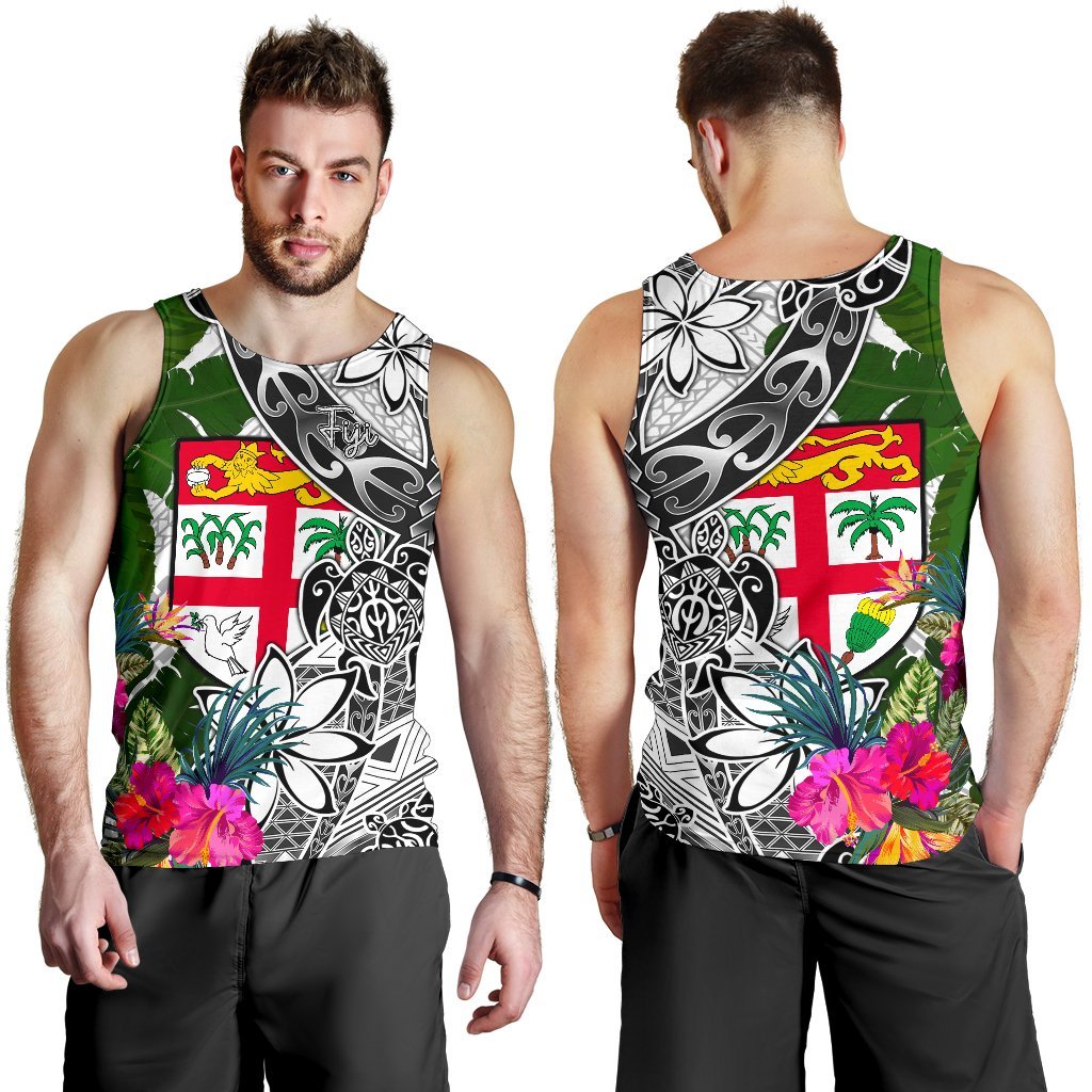 Fiji Men's Tank Top White - Turtle Plumeria Banana Leaf - Polynesian Pride