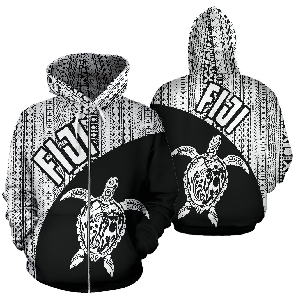 Fiji Tapa Zip up Hoodie Fiji Turtle Mermaid White Unisex Black - Polynesian Pride