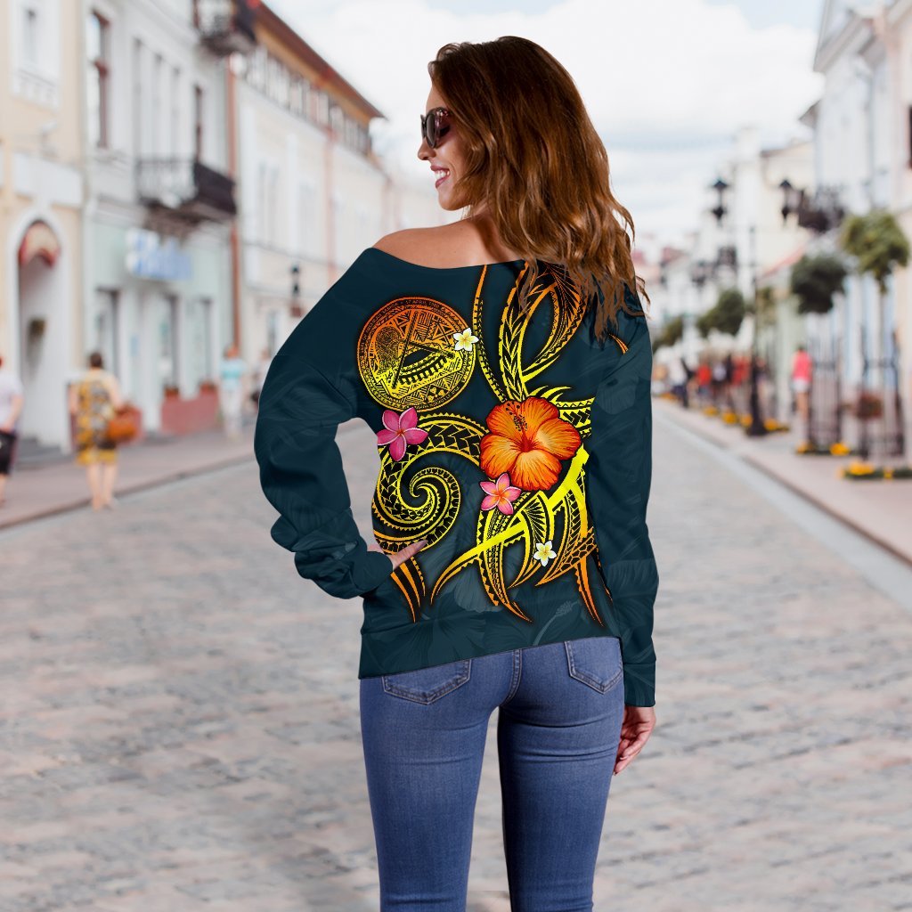 American Samoa Polynesian Personalised Off Shoulder Sweater - Legend of American Samoa (Blue) - Polynesian Pride