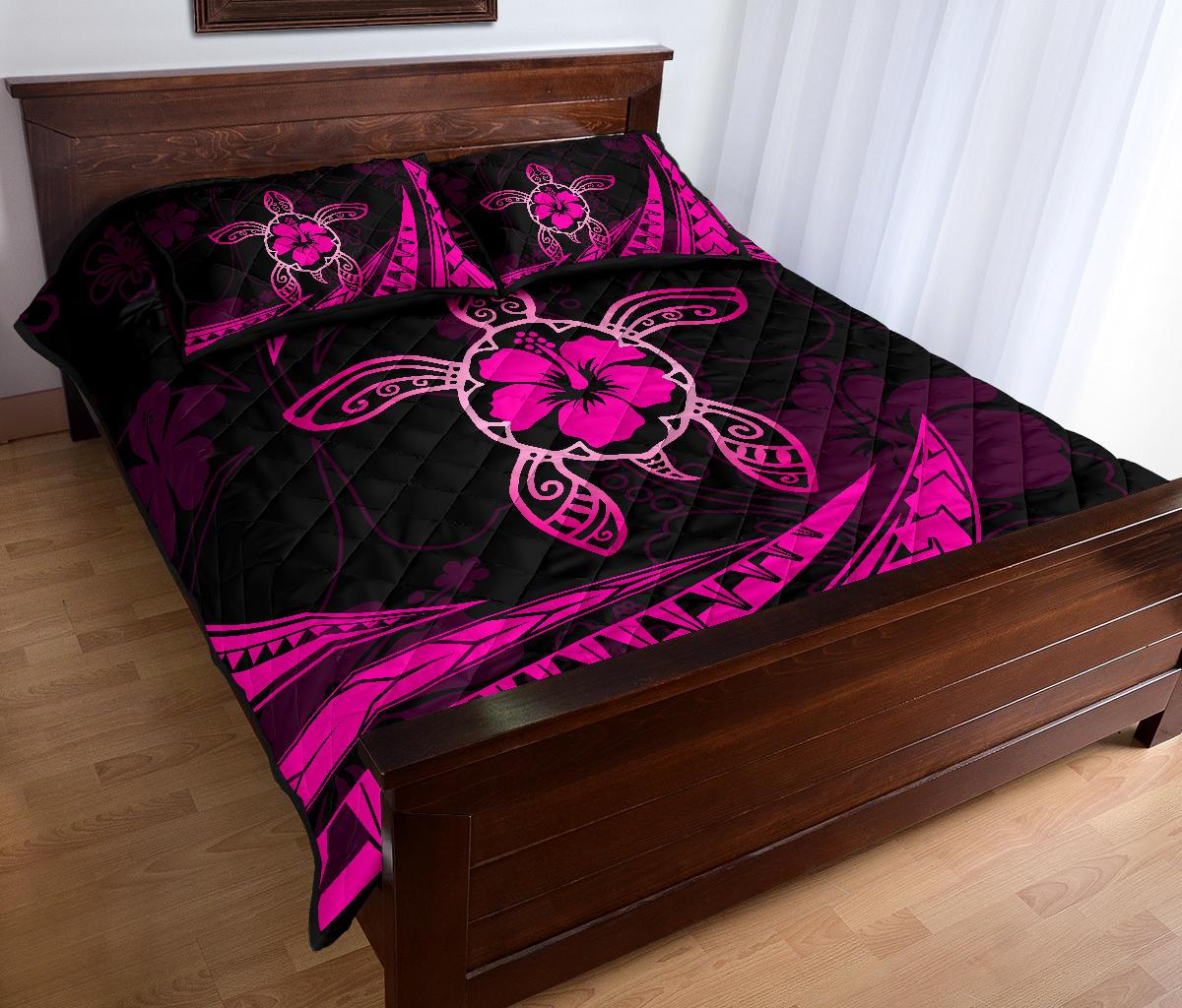 Hawaii Quilt Bed Set - Hibiscus Turtle Tribal Waves Pink - Polynesian Pride