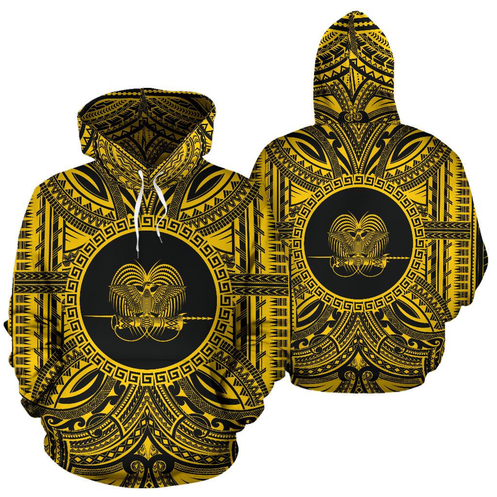 Papua New Guinea ll Over Hoodie Papua New Guinea Coat of rms Polynesian Gold Black - Polynesian Pride