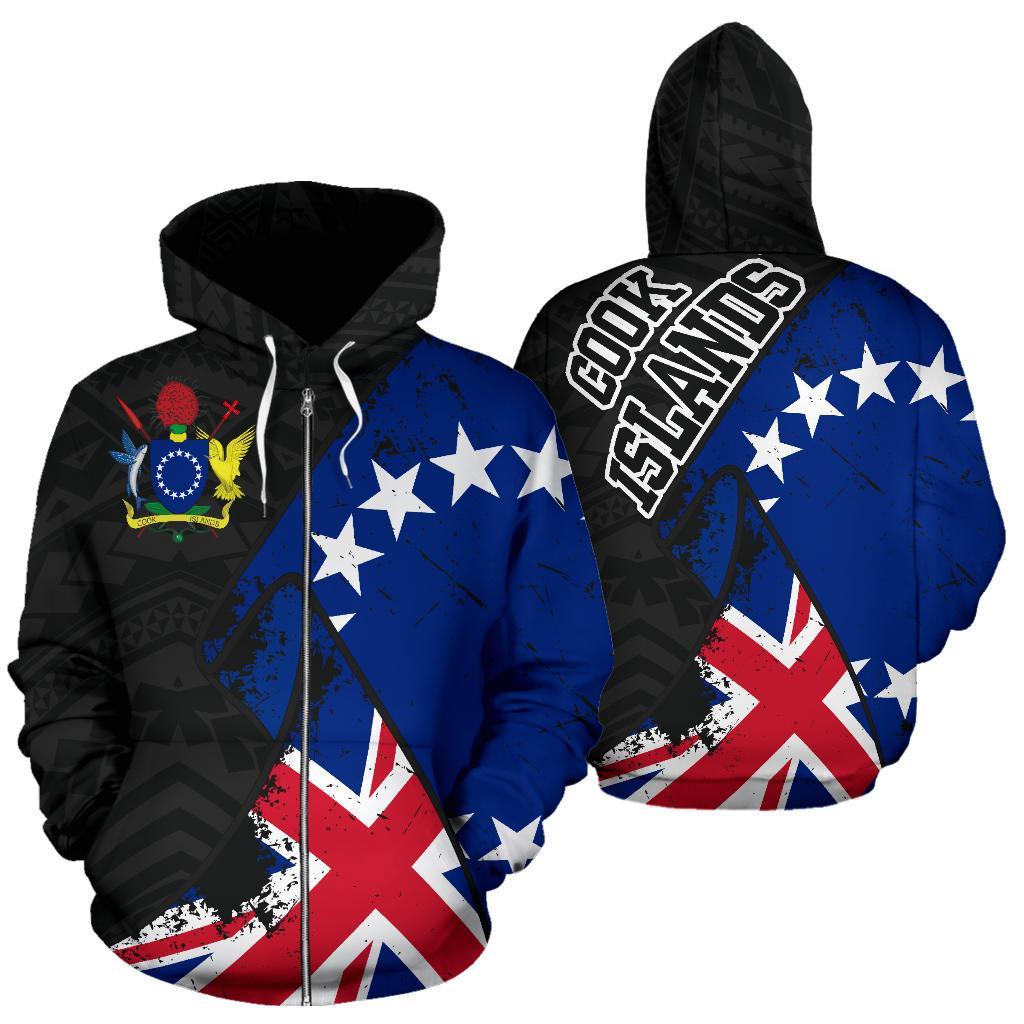 Cook Islands Zip up Hoodie Cook Islands Flag Coat of Arms Grunge Special A02 Unisex Black - Polynesian Pride