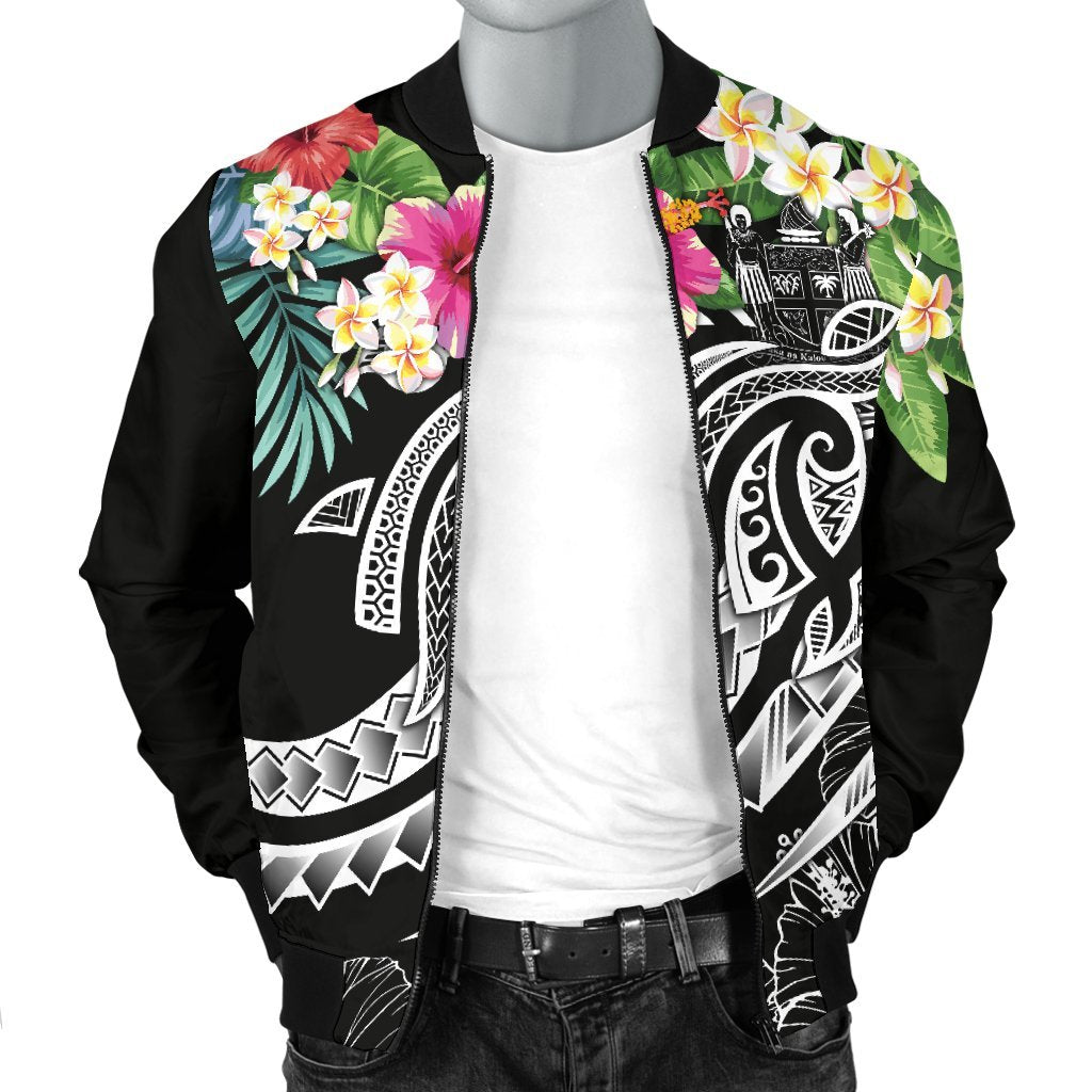 Fiji Polynesian Men's Bomber Jacket - Summer Plumeria (Black) - Polynesian Pride