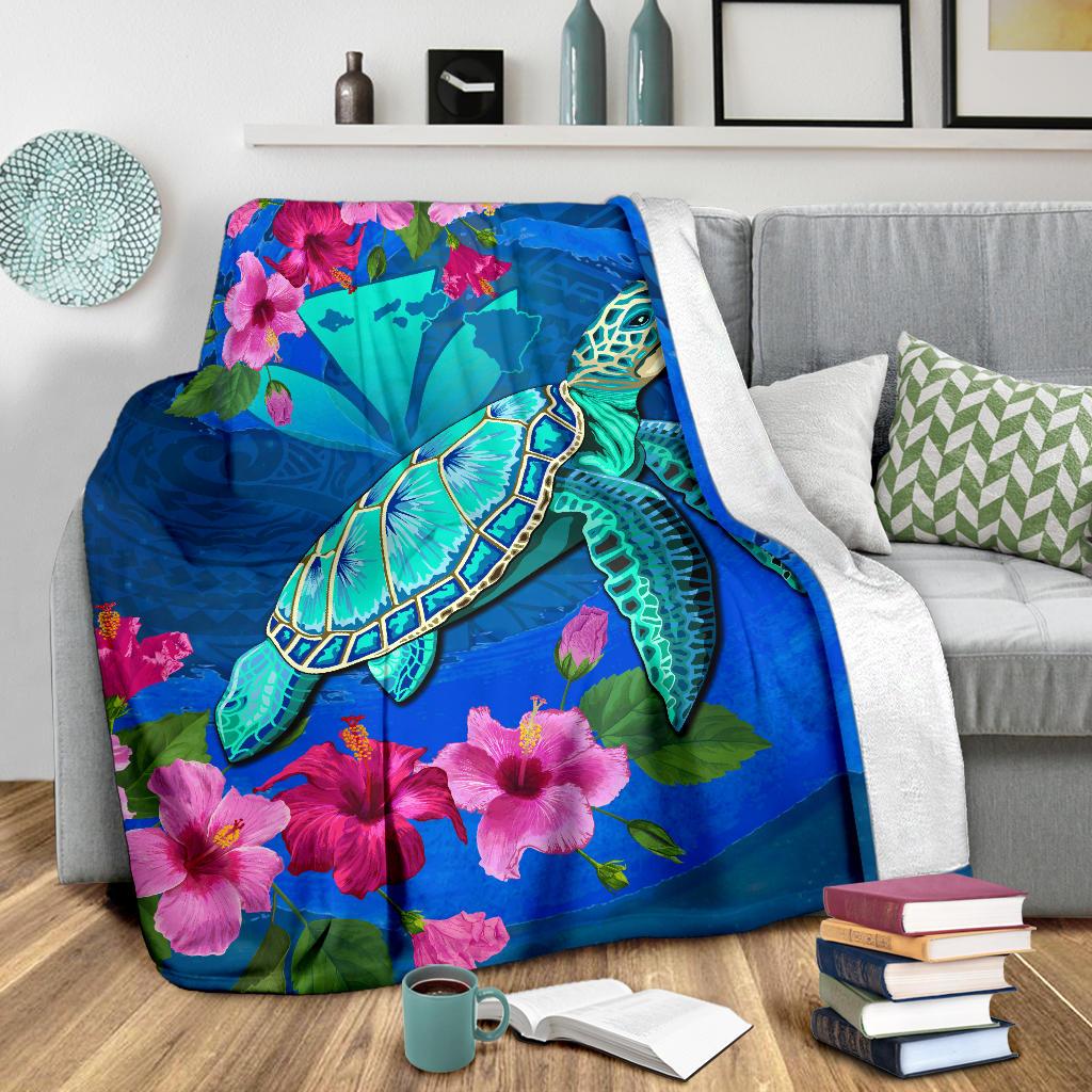 Hawaii Honu Aumakua Sea Hibiscus Premium Blanket - Nin Style - Polynesian Pride