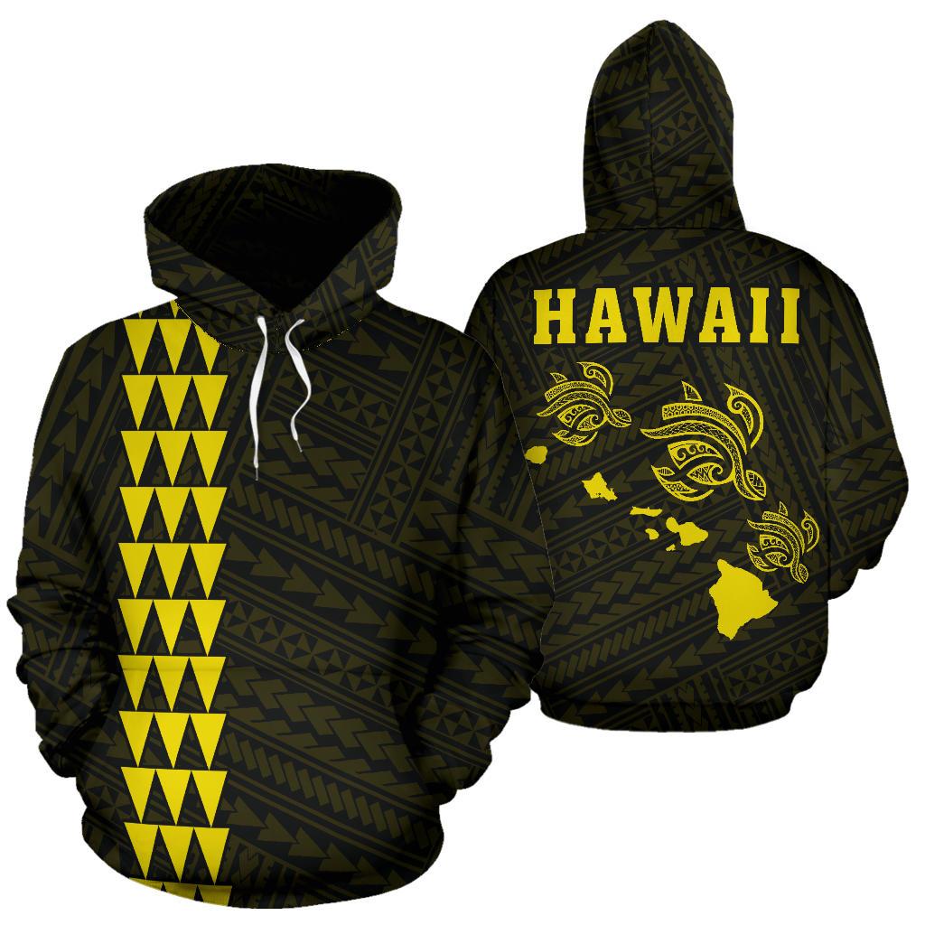 Polynesian Kakau Three Turtle Map of Hawaii Hoodie Yellow Unisex Yellow - Polynesian Pride