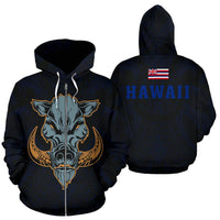 Polynesian Kamapuaa Flag of Hawaii Zip Hoodie Blue Hawaiian Mythology Style Unisex Blue - Polynesian Pride
