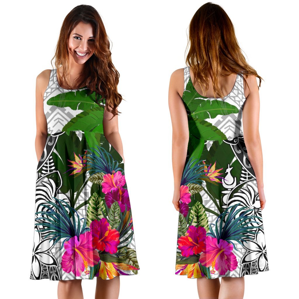 New Caledonia Midi Dress White - Turtle Plumeria Banana Leaf Crest - Polynesian Pride