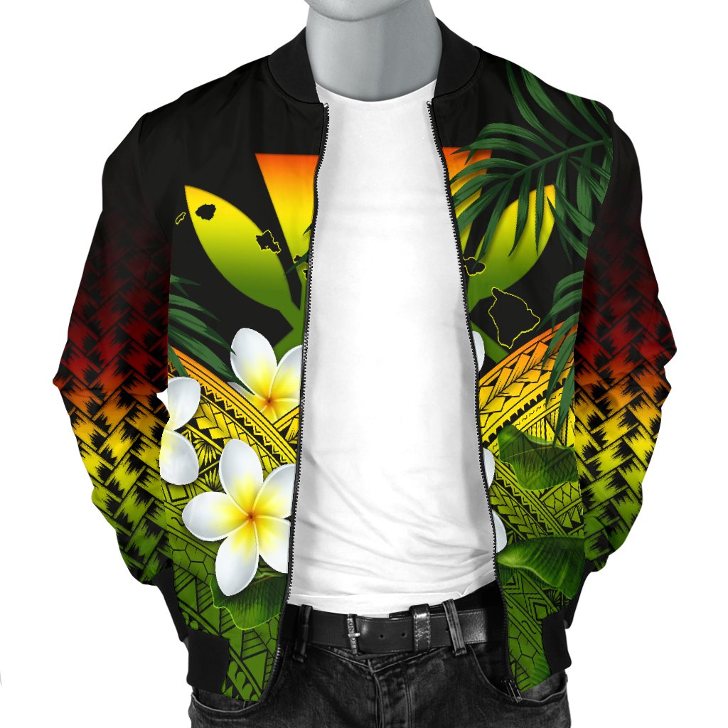 Kanaka Maoli (Hawaiian) Men's Bomber Jacket, Polynesian Plumeria Banana Leaves Reggae - Polynesian Pride