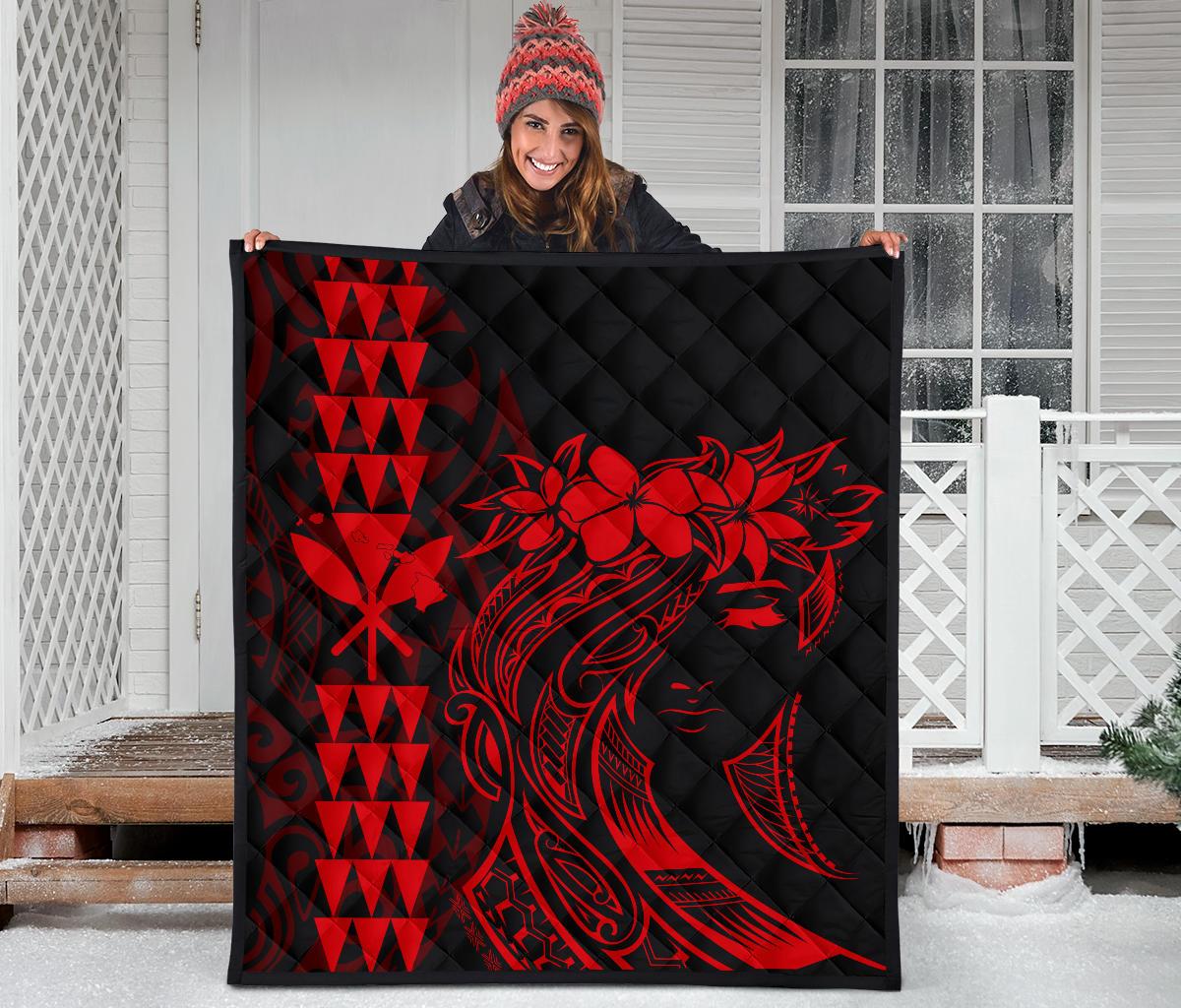 Hawaii Map Kanaka Polynesian Hula Girl Premium Quilt - Red - Polynesian Pride