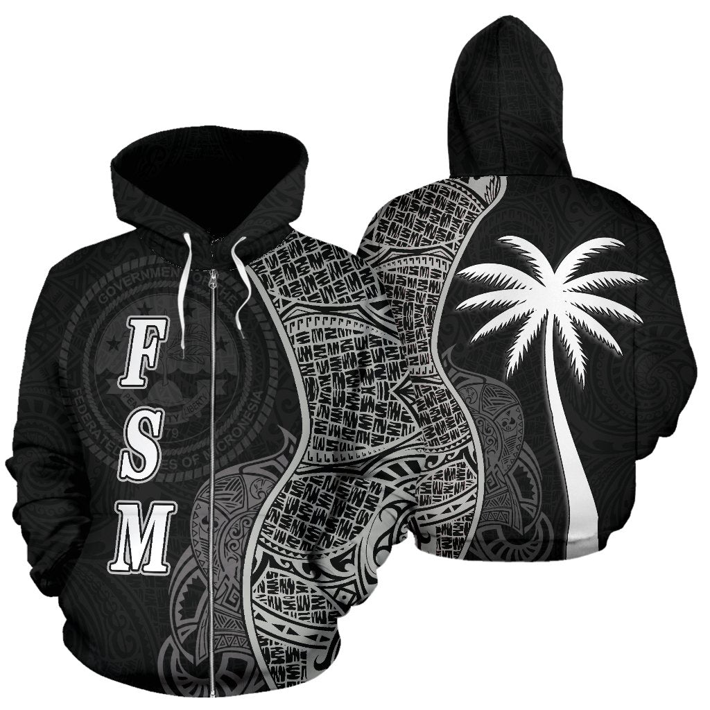 Federated States of Micronesian Polynesian Zip up Hoodie Coconut Tree Black Unisex Black - Polynesian Pride