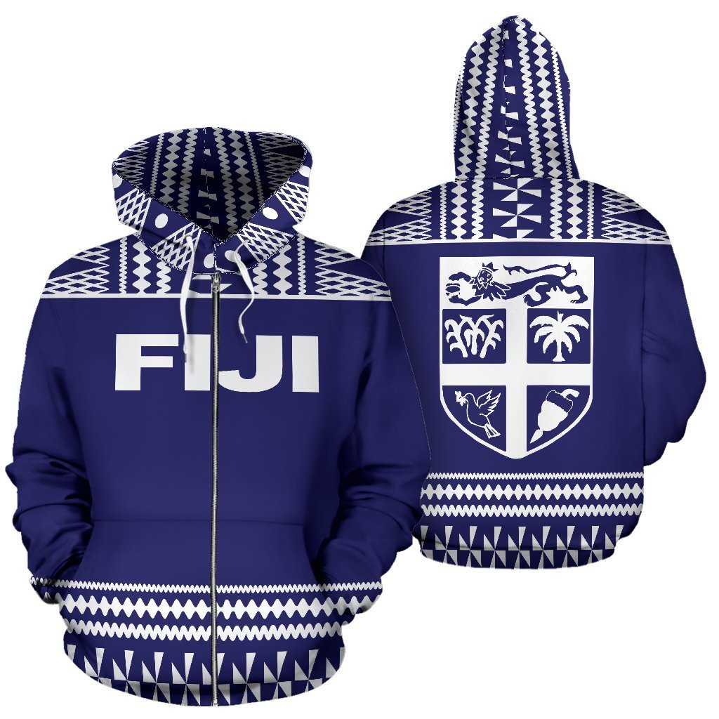Fiji Tapa All Over Zip up Hoodie Blue and White Version Unisex Blue And White - Polynesian Pride