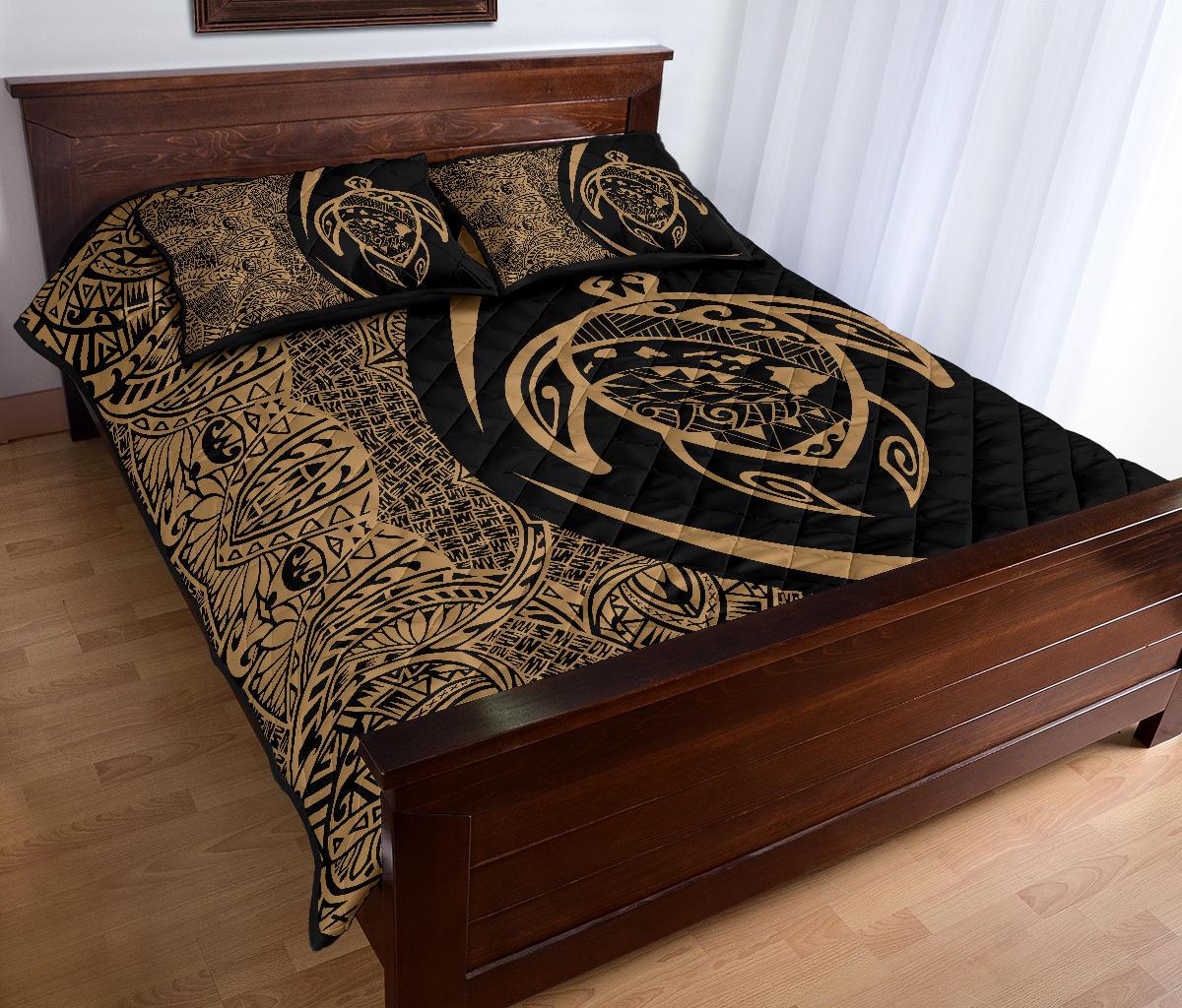 Hawaii Turtle Map Polynesian Quilt Bed Set - Gold - Circle Style - Polynesian Pride