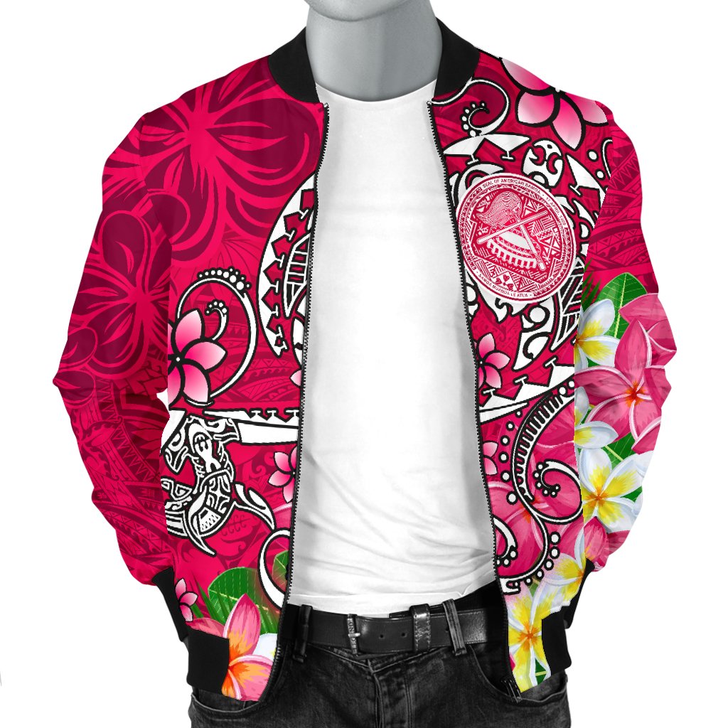 American Samoa Polynesian Men's Bomber Jacket - Turtle Plumeria (Pink) - Polynesian Pride