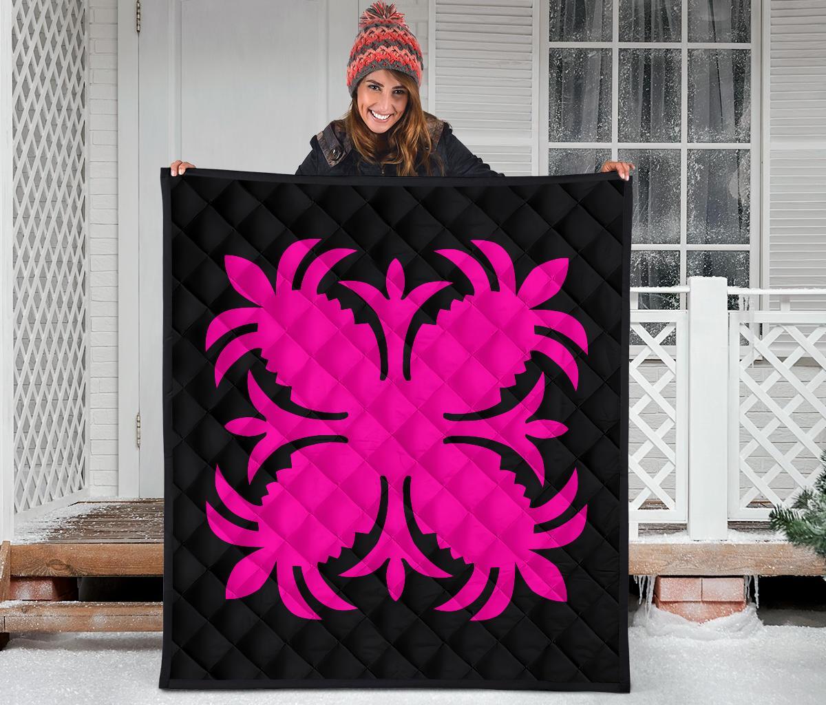 Hawaiian Premium Quilt Royal Pattern - Black And Pink - A2 Style - Polynesian Pride