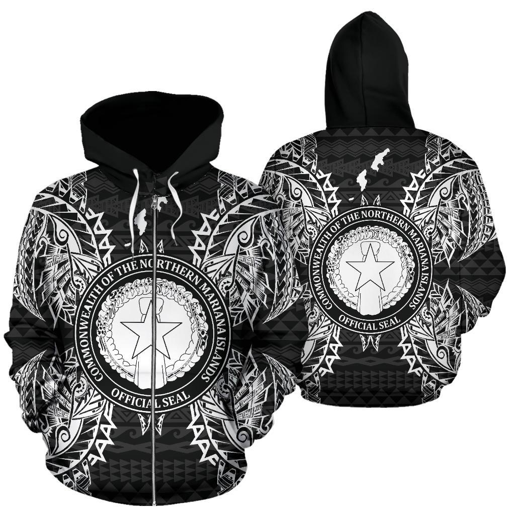 Northern Mariana Islands Polynesian All Over Zip up Hoodie Map Black Unisex Black - Polynesian Pride