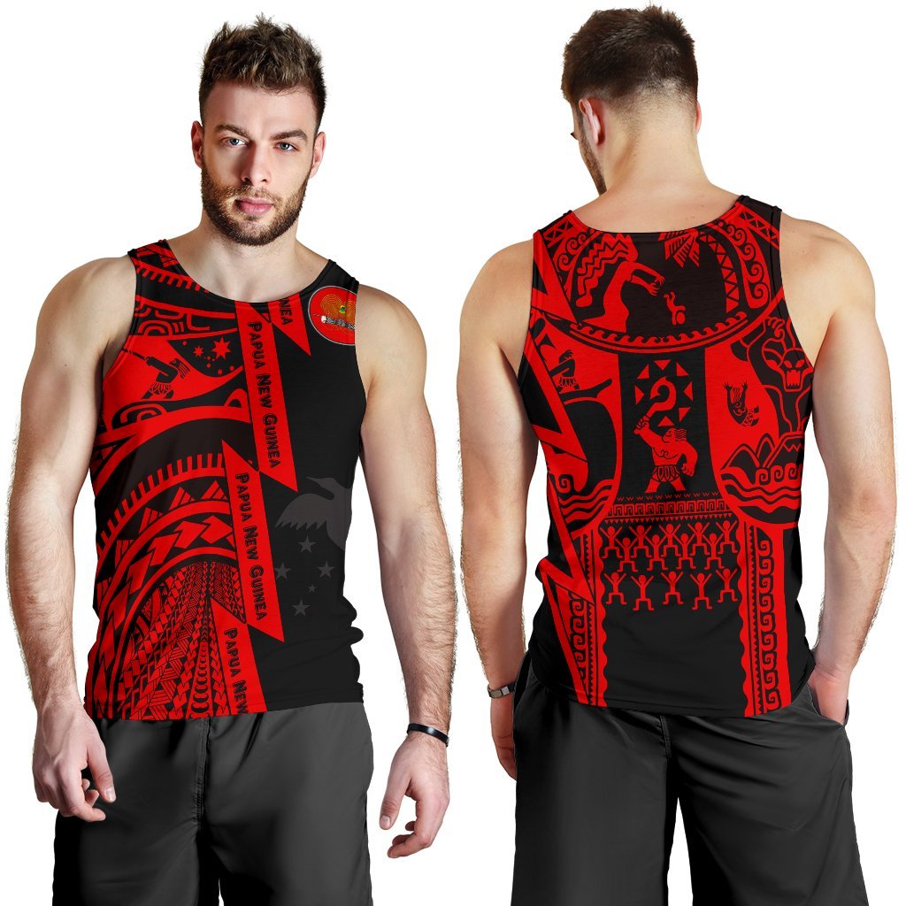 Polynesian Guinea Men's Tank Top - Moana Maui Tattoo With Coat Of Arm Guinea Red - Polynesian Pride