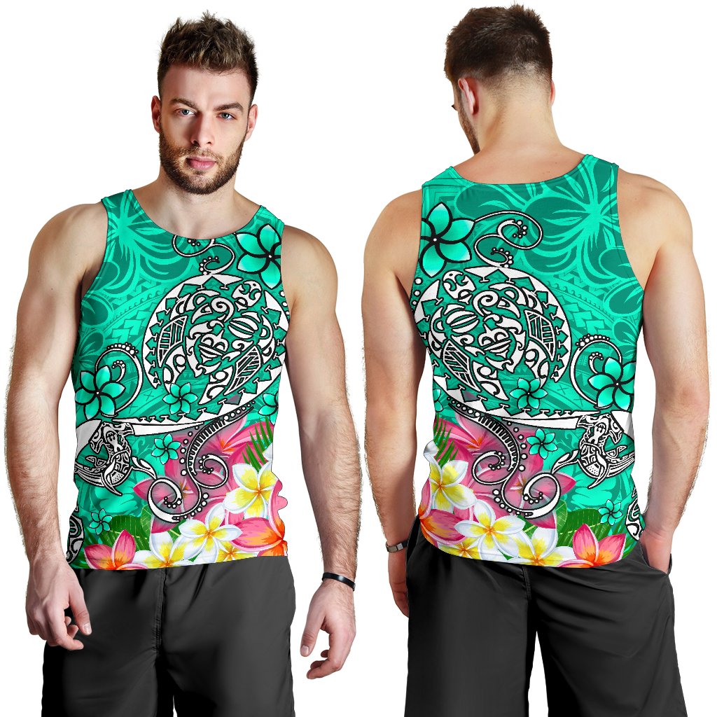 Polynesian Men's Tank Top - Turtle Plumeria Turquoise Color - Polynesian Pride