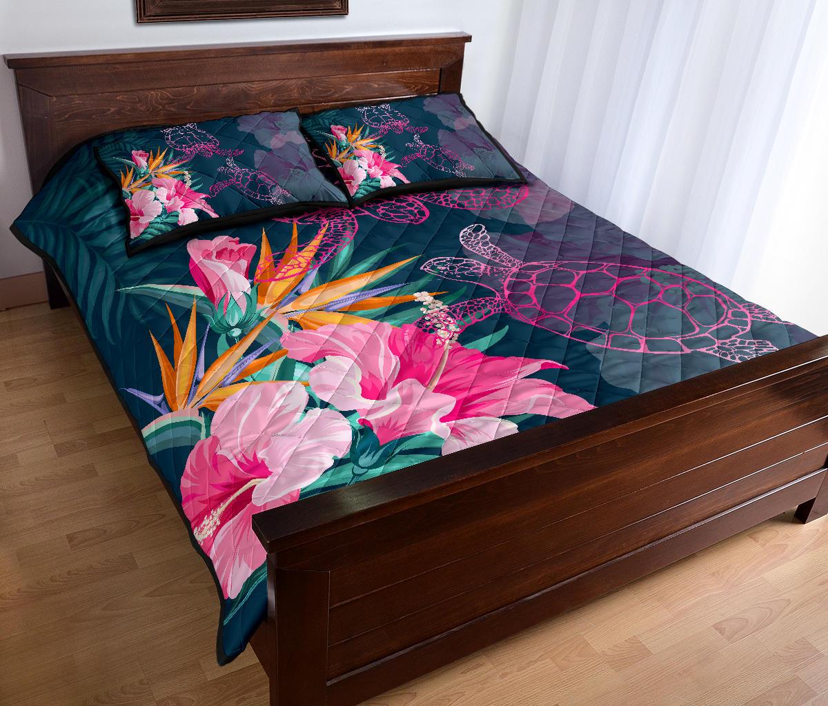 Hawaii Pink Turtles Hibiscus Tropical Quilt Bed Set - Vint Style - AH - Polynesian Pride