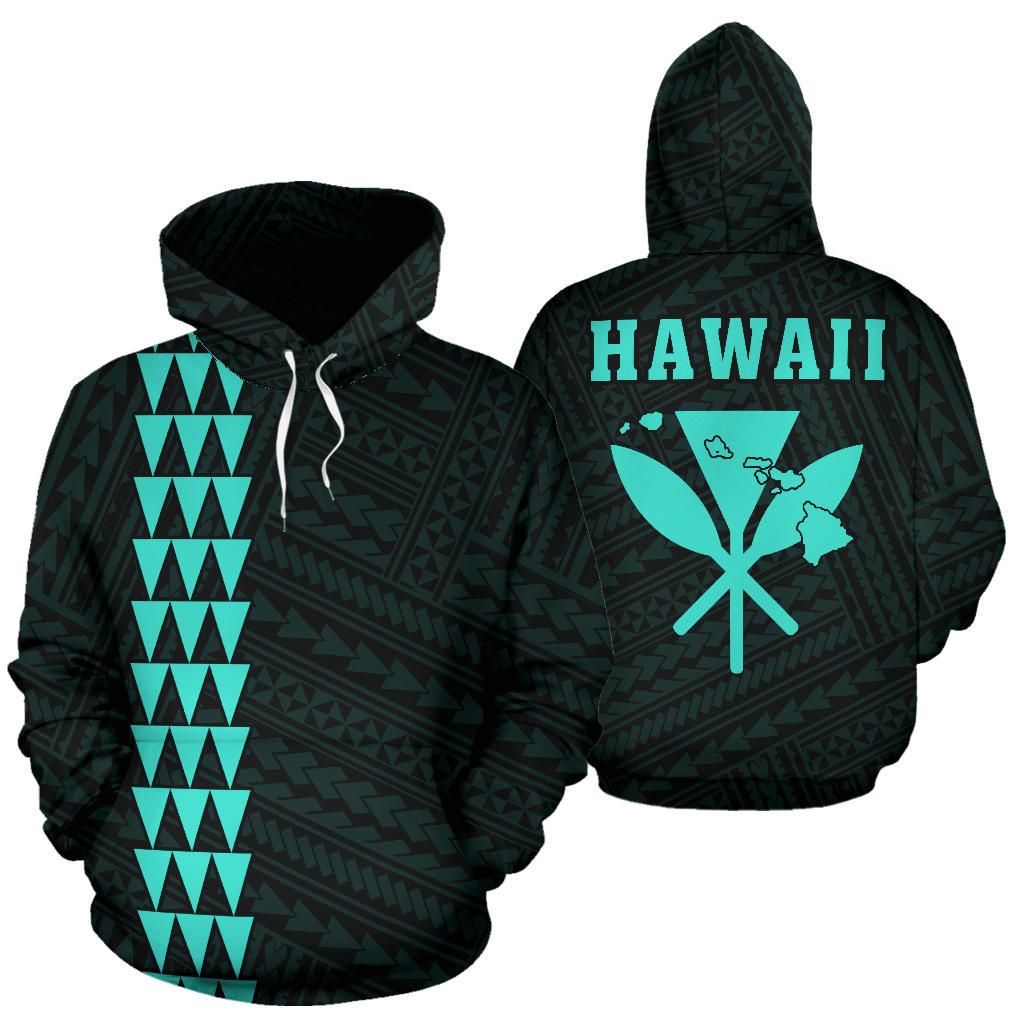 Polynesian Kakau Turtle Map of Hawaii Hoodie Turquoise Unisex Turquosie - Polynesian Pride