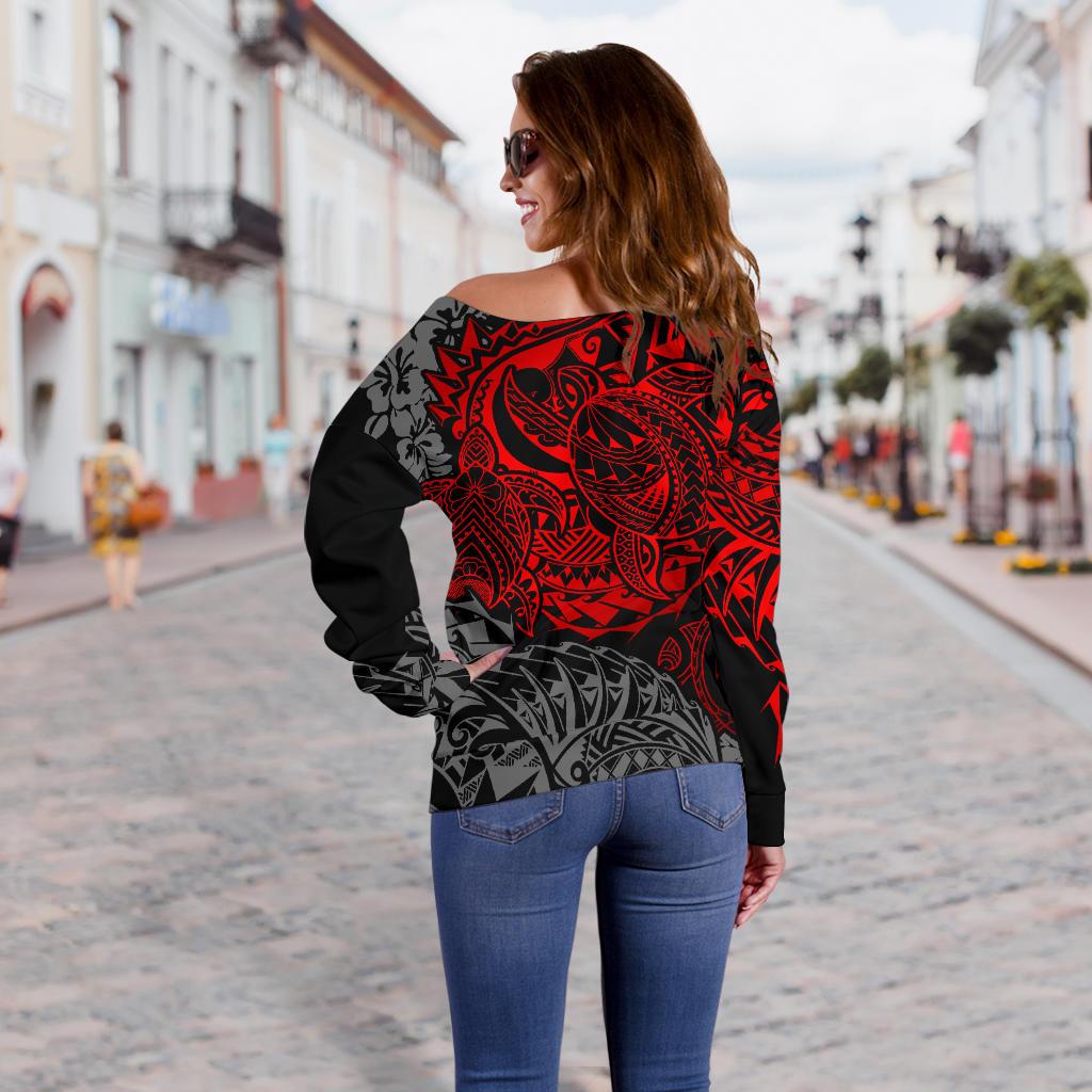 Tonga Polynesian Off Shoulder Sweater (Women) - Red Turtle Flowing - Polynesian Pride