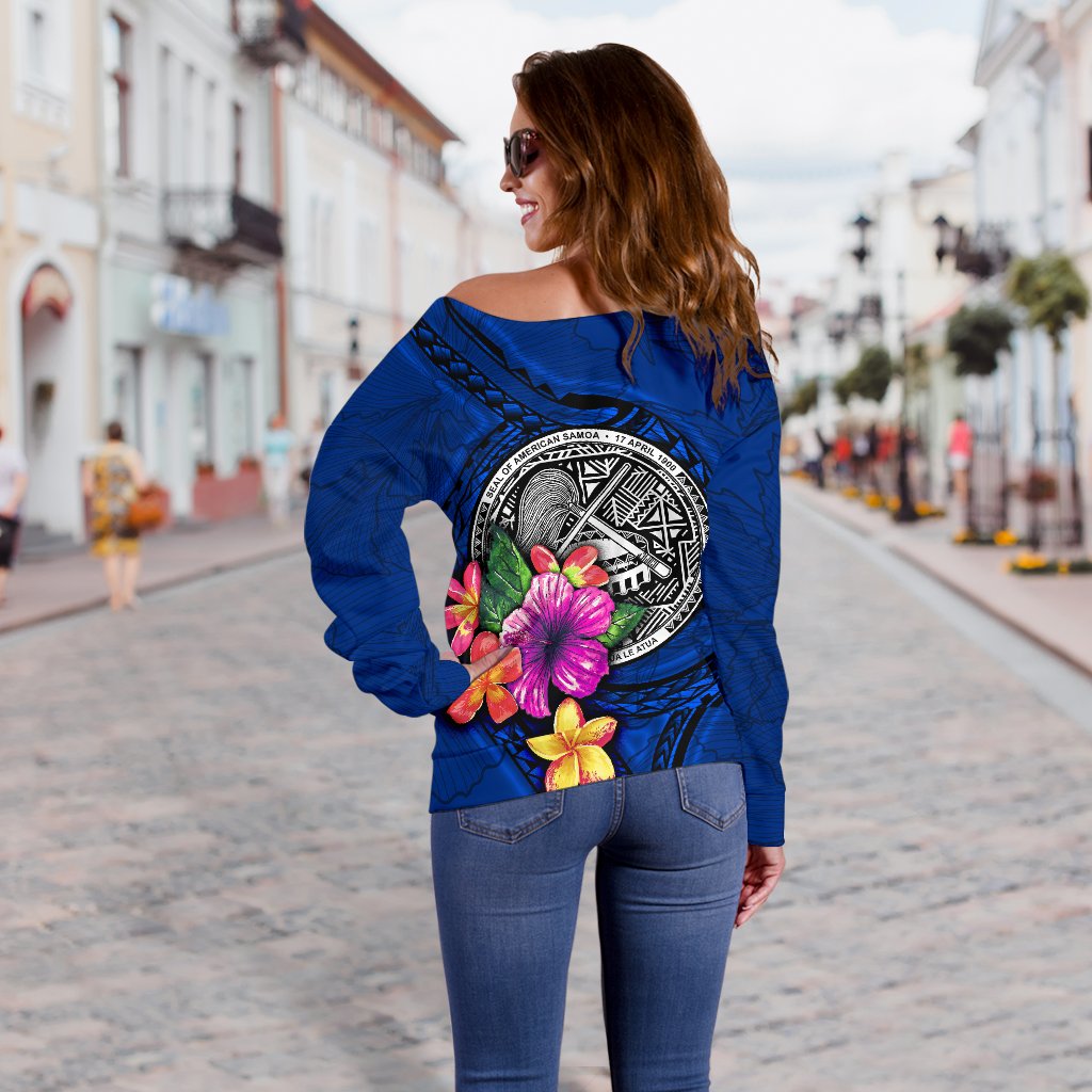 American Samoa Polynesian Custom Personalised Women's Off Shoulder Sweater - Floral With Seal Blue - Polynesian Pride