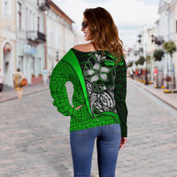 Samoa Polynesian Women Off Shoulder Sweater Green - Turtle With Hook - Polynesian Pride