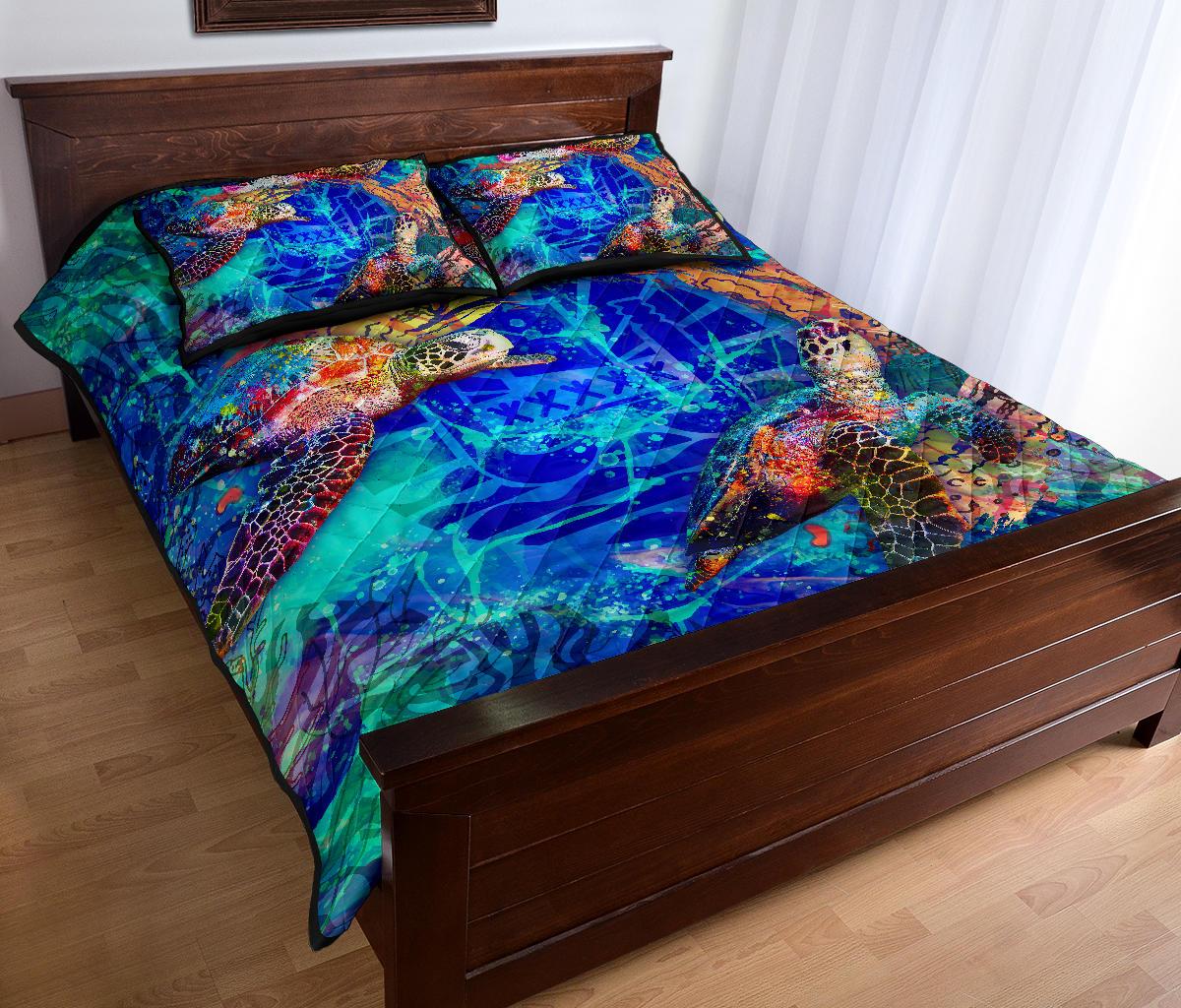 Tahiti Polynesian Quilt Bed Set - Tahiti Flag Turtle Coral Treasure - Polynesian Pride