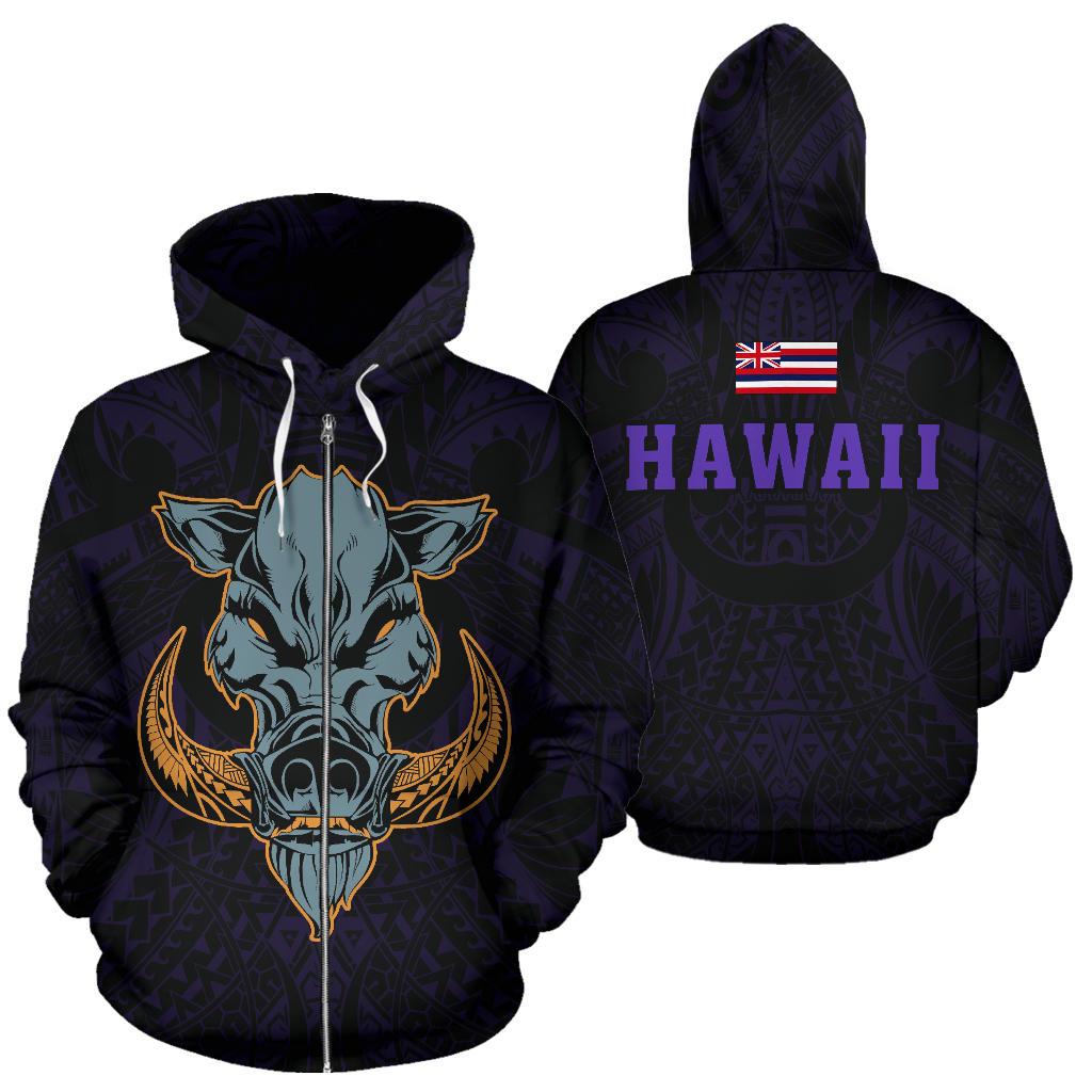 Polynesian Kamapuaa Flag of Hawaii Zip Hoodie Purple Hawaiian Mythology Style Unisex Purple - Polynesian Pride