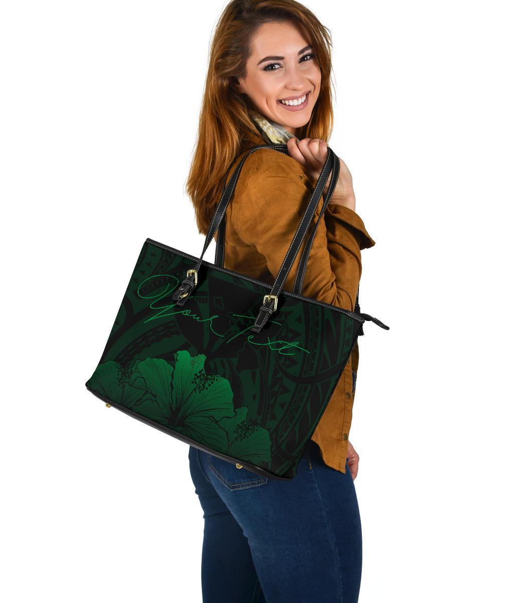 Personalised - Hawaii Royal Hibiscus Polynesian Tribal Large Leather Tote Bag Green AH - Polynesian Pride