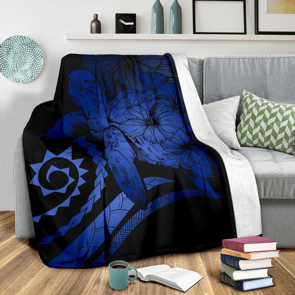 Hawaii Turtle Hibiscus Polynesian Vintage Premium Blanket - Blue - Polynesian Pride