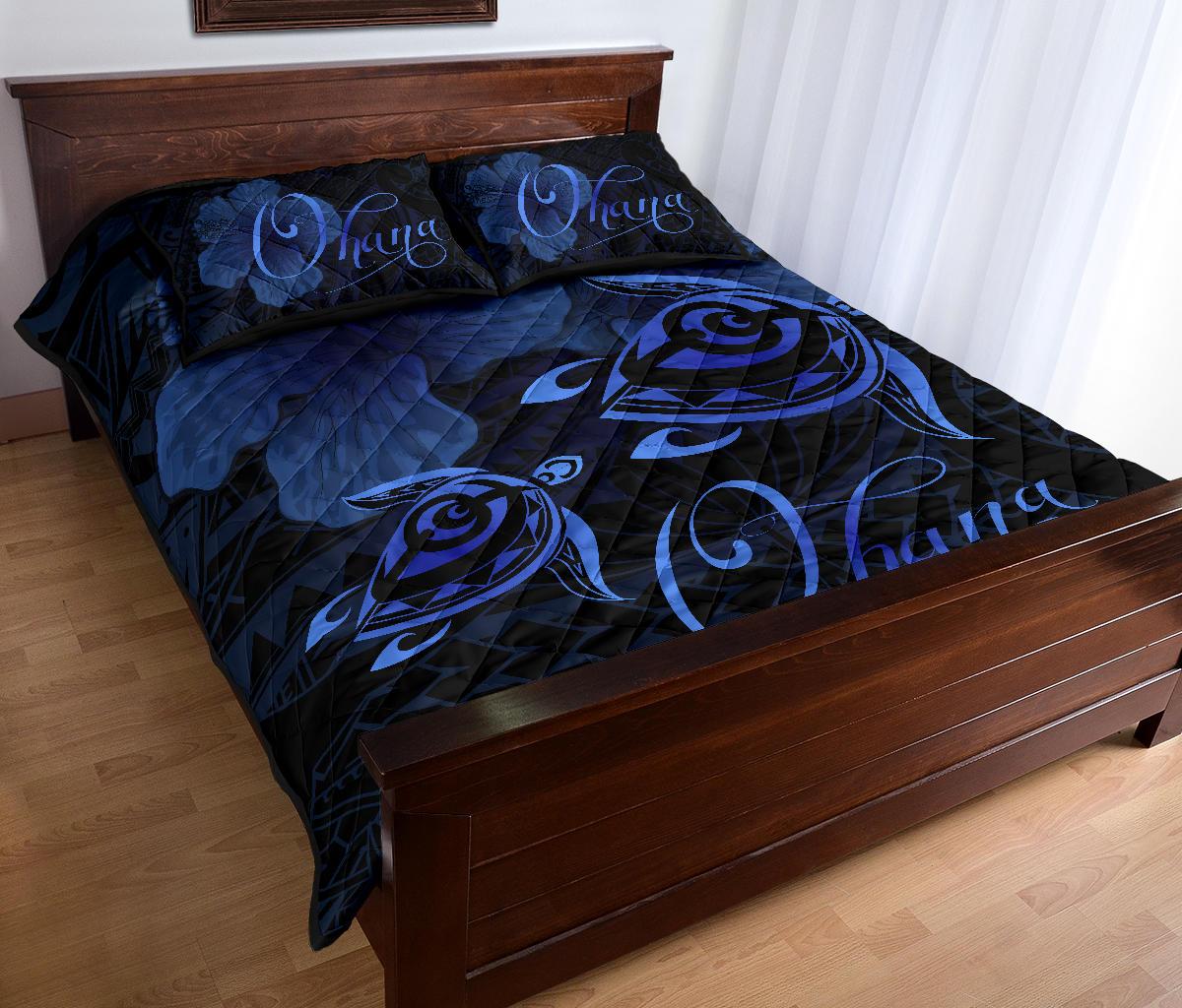 Hawaii Turtle Ohana Hibiscus Poly Quilt Bed Set Blue - Polynesian Pride