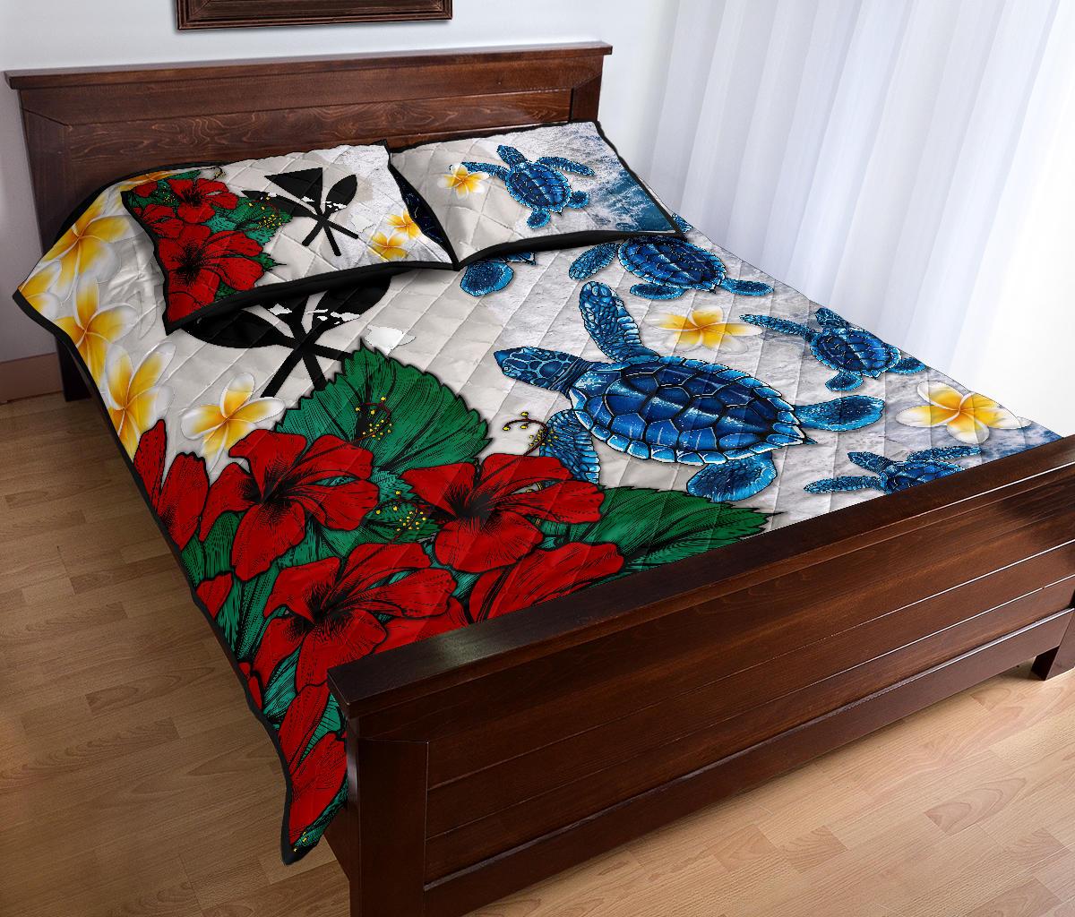 Kanaka Maoli (Hawaiian) Quilt Bed Set - Aloha Sea Turtles Hibiscus - Polynesian Pride