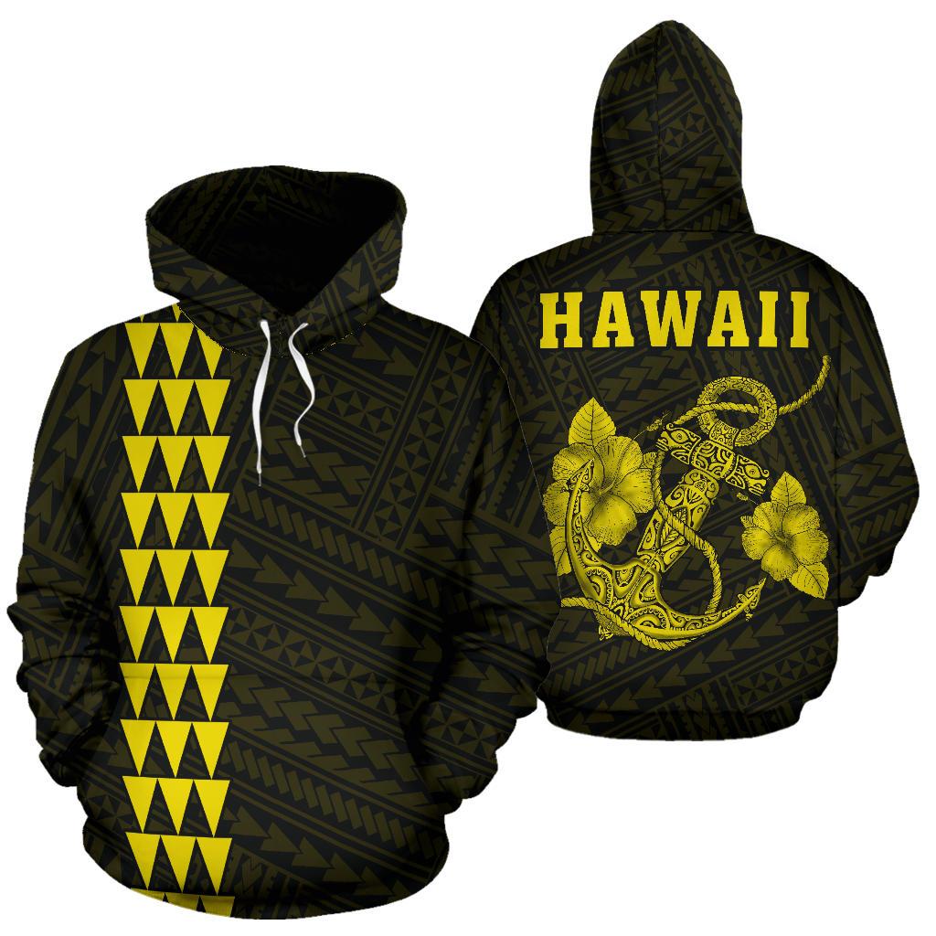 Polynesian Kakau Anchor Hibiscus Hawaii Hoodie Yellow Unisex Yellow - Polynesian Pride