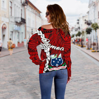 Samoa Polynesian Women's Off Shoulder Sweater - Tribal Wave Tattoo Flag Color - Polynesian Pride