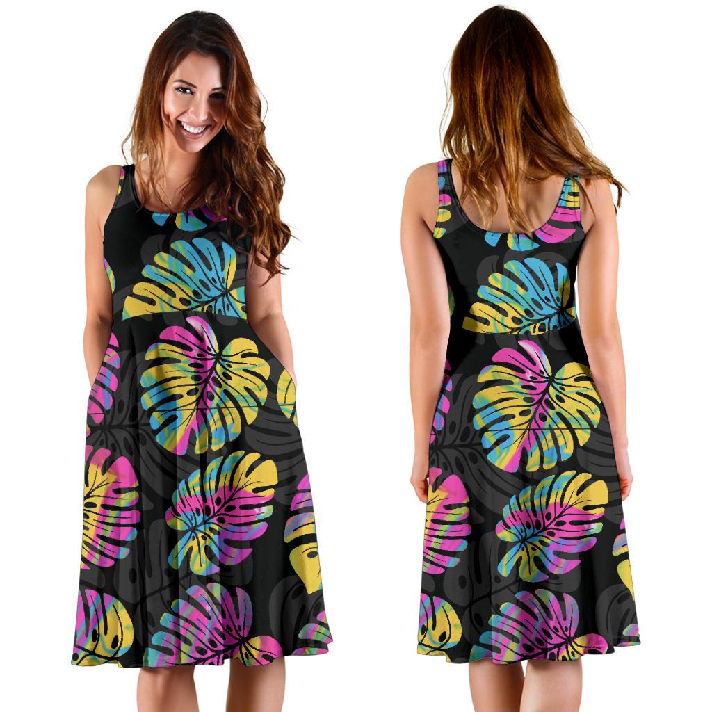 Polynesian Midi Dress - Pastel Monstera Leave - Polynesian Pride