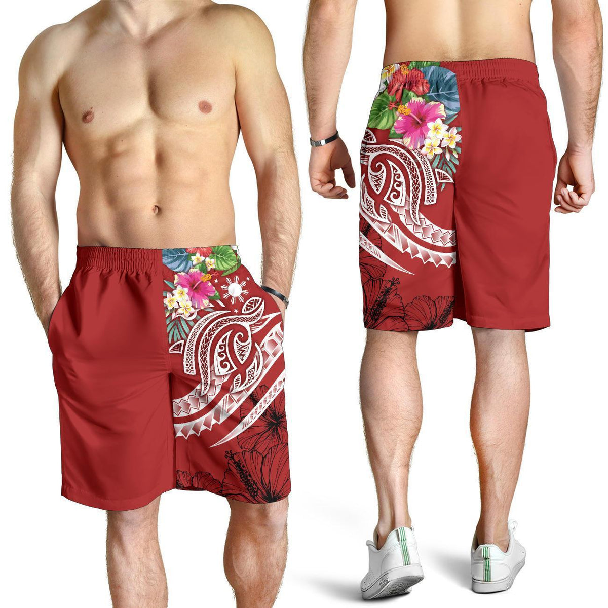 The Philippines Men's Shorts - Summer Plumeria (Red) - Polynesian Pride