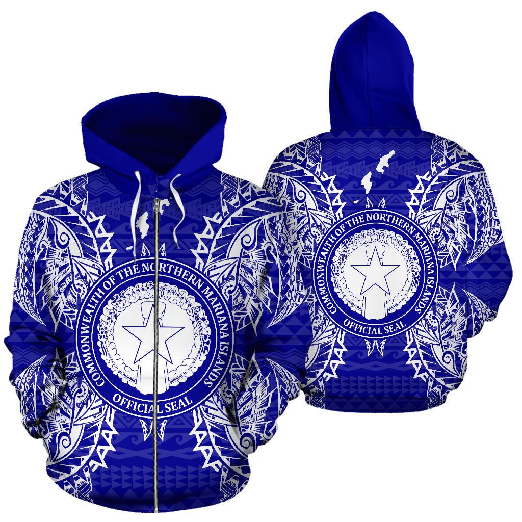 Northern Mariana Islands Polynesian All Over Zip up Hoodie Map Blue Unisex Blue - Polynesian Pride