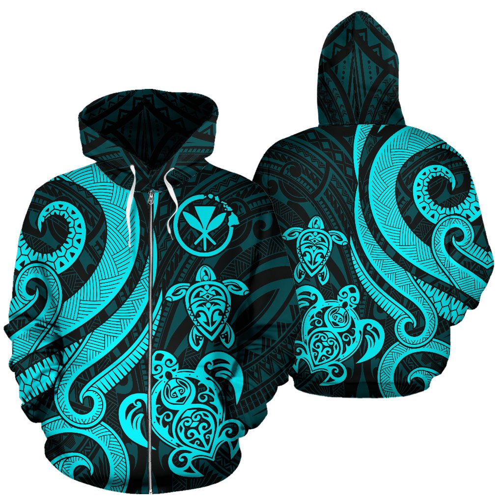 Polynesian Hawaii (Kanaka Maoli) Zip up Hoodie Turquoise Tentacle Turtle Unisex Blue - Polynesian Pride