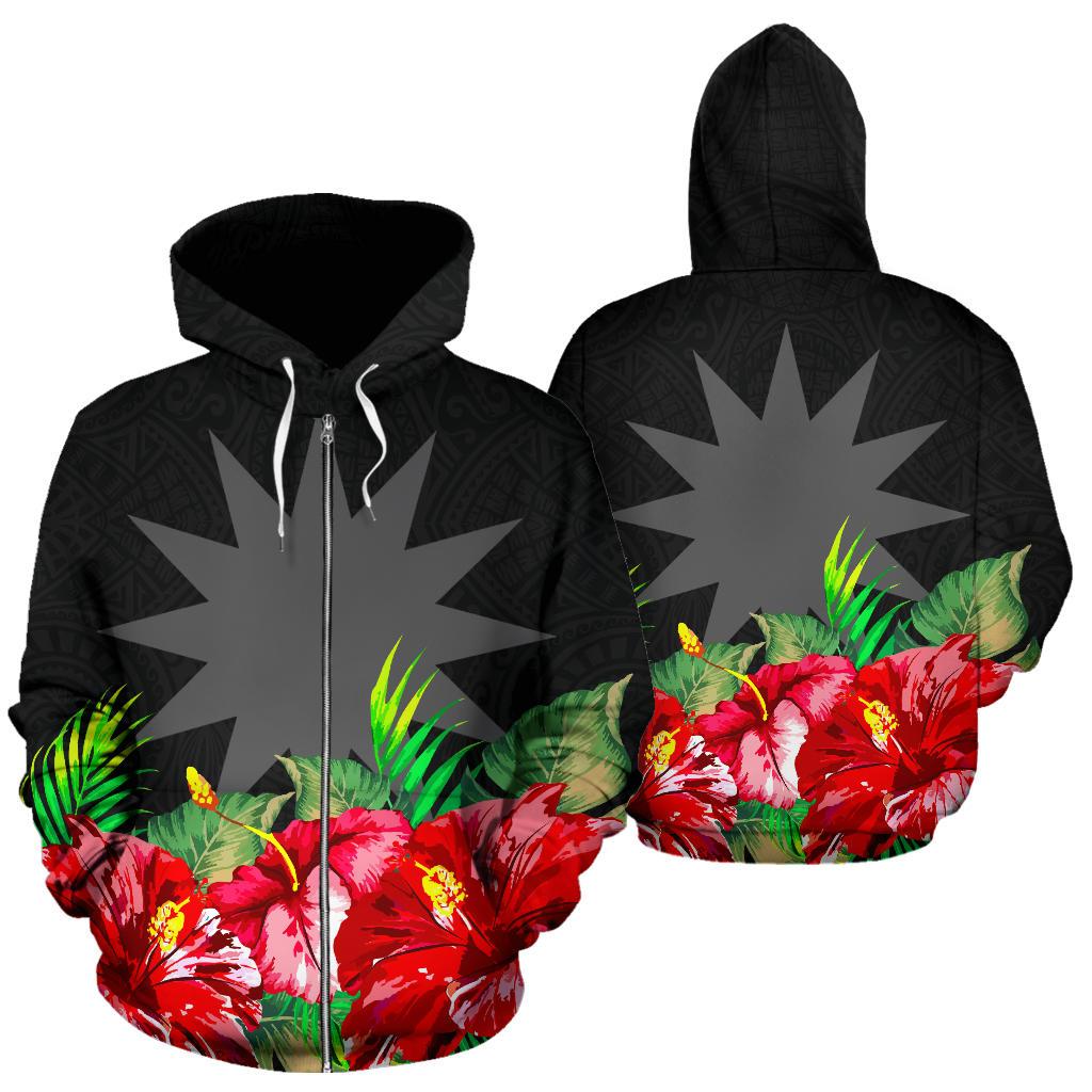 Nauru Polynesian Zip Hoodie Black Hibiscus Unisex Black - Polynesian Pride