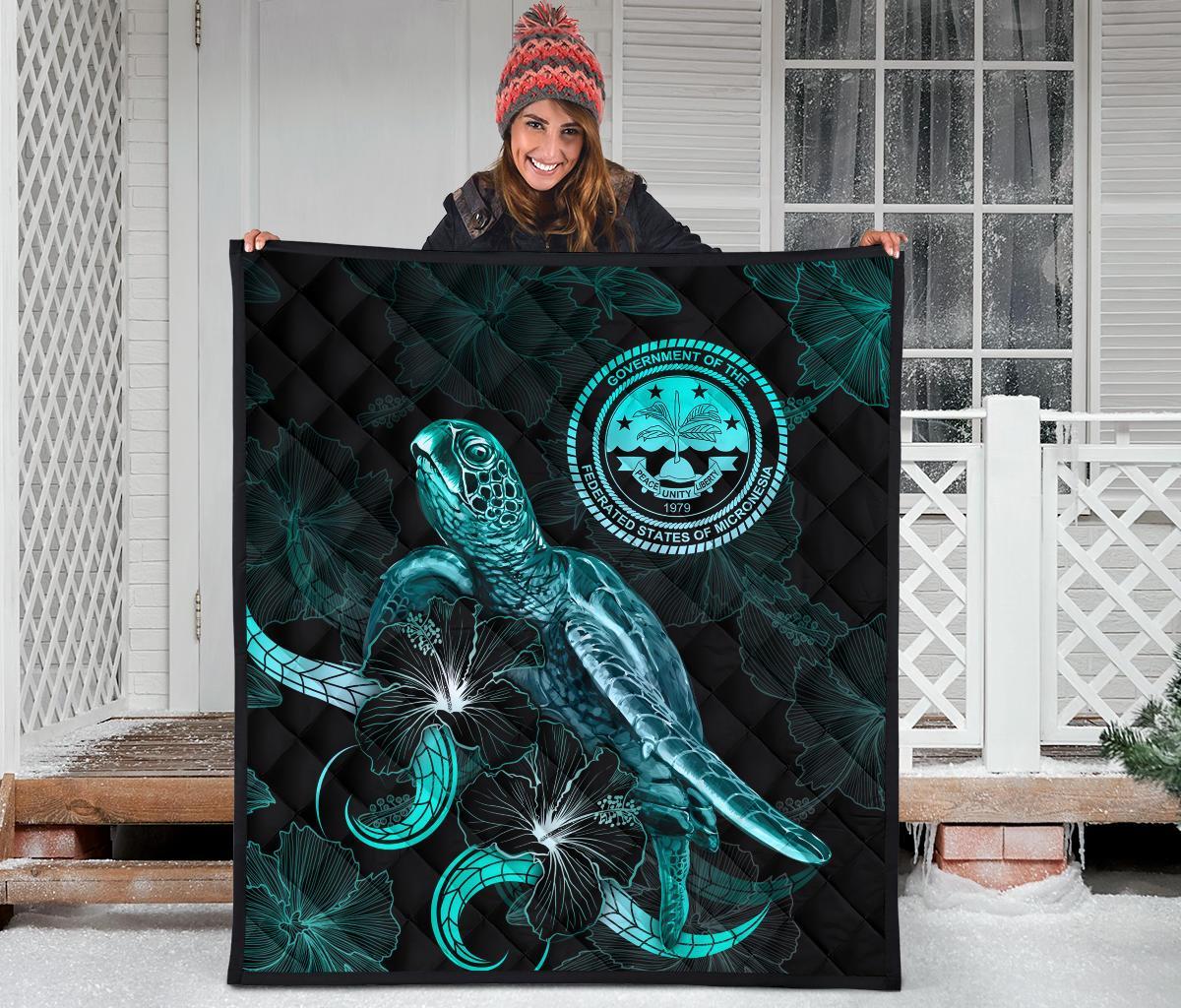 Federated States of Micronesia Polynesian Premium Quilt - Turtle With Blooming Hibiscus Turquoise - Polynesian Pride