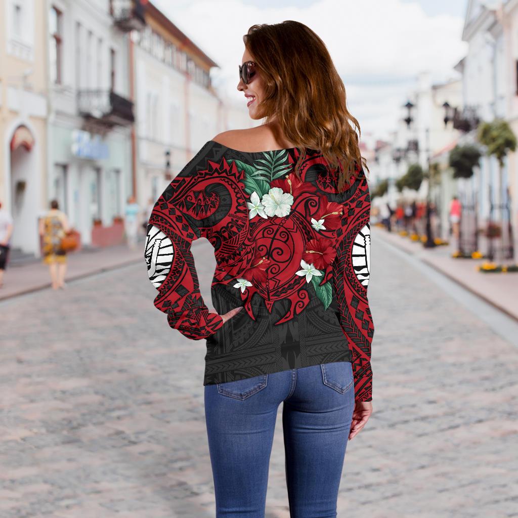 Tahiti Polynesian Off Shoulder Sweater - Hibiscus and Sea Turtle (Red) - Polynesian Pride