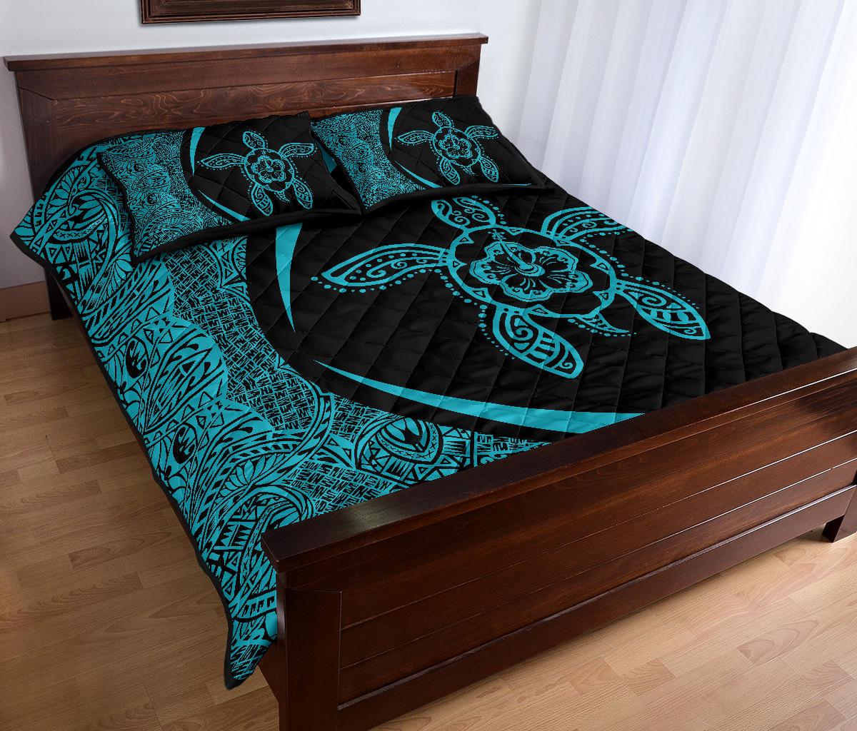 Hawaiian Polynesian Turtle Quilt Bed Set - Circle Style Blue - Polynesian Pride
