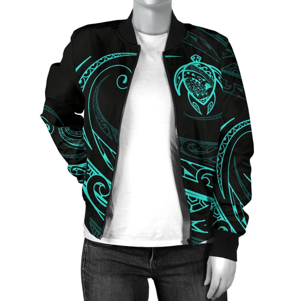 Hawaii Turtle Map Polynesian Women's Bomber Jacket - Turquoise - Frida Style - Polynesian Pride