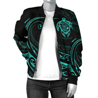 Hawaii Turtle Map Polynesian Women's Bomber Jacket - Turquoise - Frida Style - Polynesian Pride