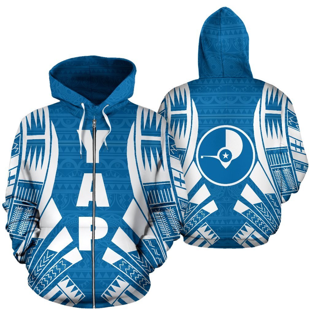 Yap All Over Zip up Hoodie Tattoo Style Unisex Blue - Polynesian Pride
