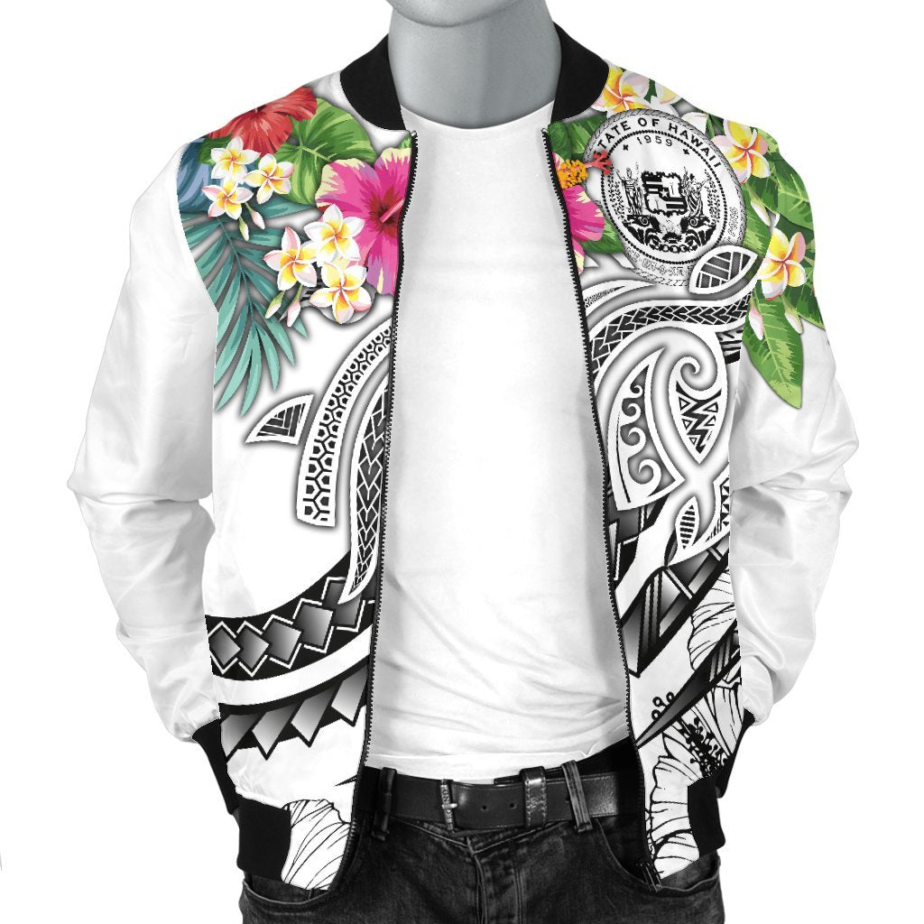 Polynesian Hawaii Men's Bomber Jacket - Summer Plumeria (White) - Polynesian Pride