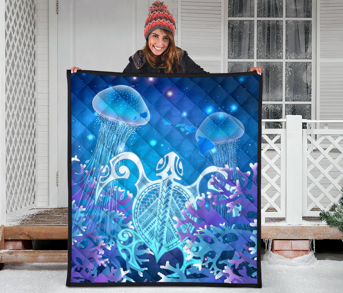 Hawaii Turtle Jellyfish Coral Galaxy Premium Quilt - Polynesian Pride