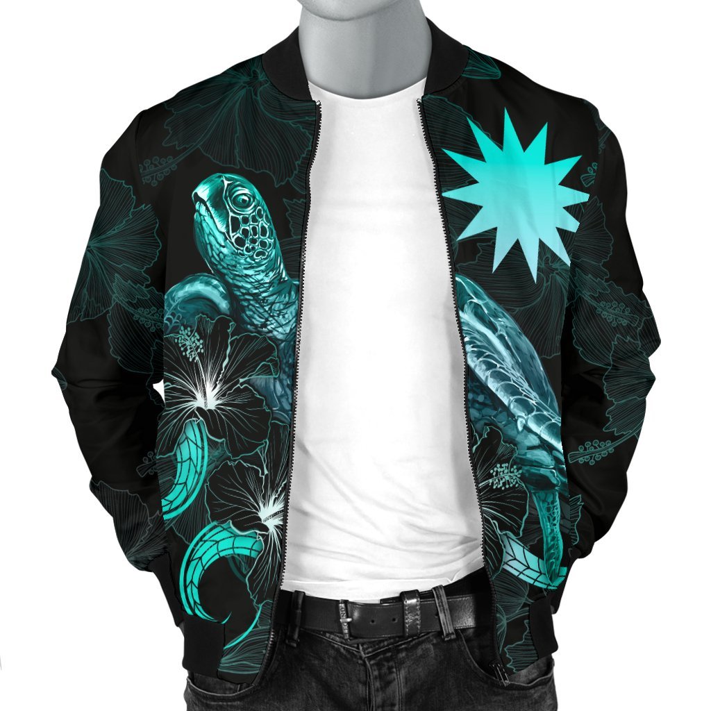 Nauru Polynesian Men's Bomber Jacket - Turtle With Blooming Hibiscus Turquoise - Polynesian Pride