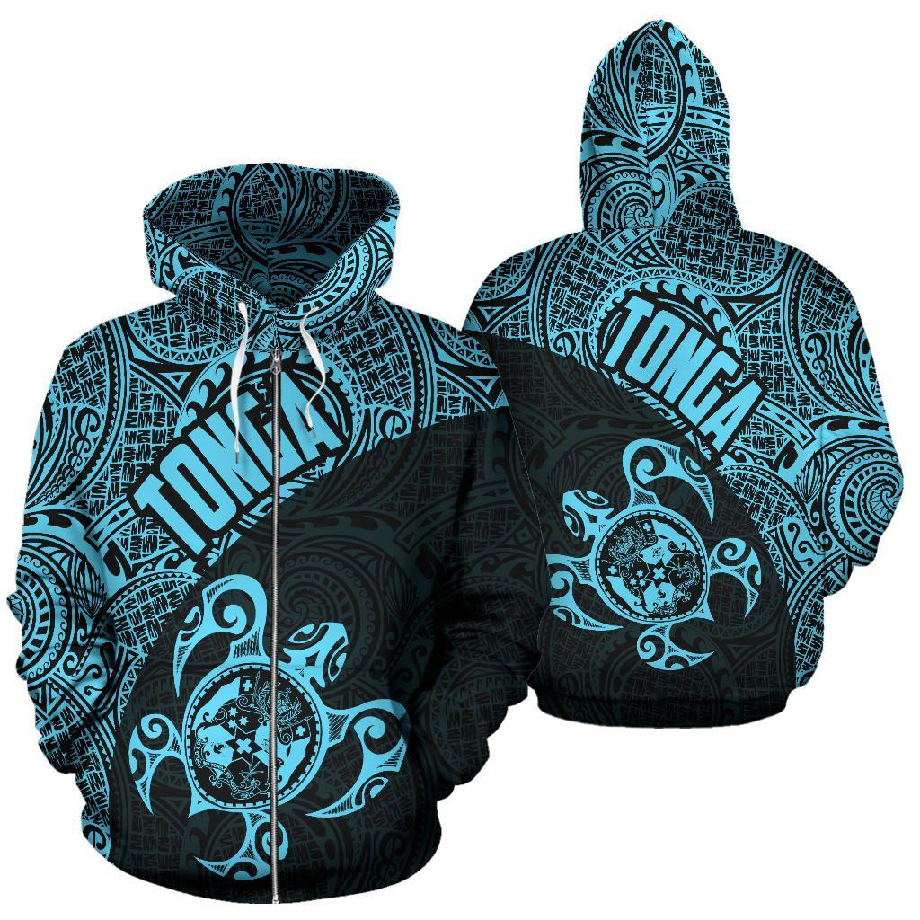 Tonga Zip up Hoodie Tonga Coat of Arms In Turtle Polynesian Tattoo 030 Unisex Black - Polynesian Pride