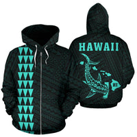 Polynesian Kakau Hammerhead Shark Map of Hawaii Zip Hoodie Turquoise Unisex Turquoise - Polynesian Pride